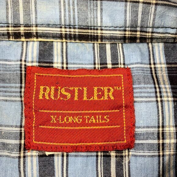Rustler Western Shirt Mens Large X Long Tails Blue Plaid Pearl Snap Cowboy Ranch - Picture 8 of 11